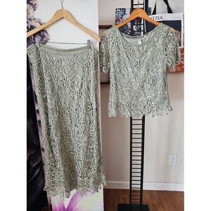 Silken Poetry 100% Silk Hand Crochet Floral Lace 2 Piece Set Sage Green Large